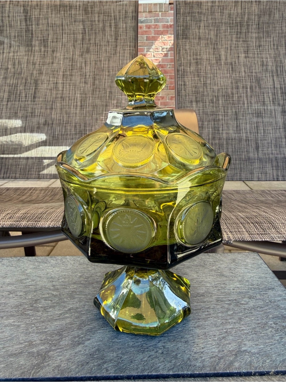 Vintage Fostaria Coin Glass Green Wedding Dish with Lid